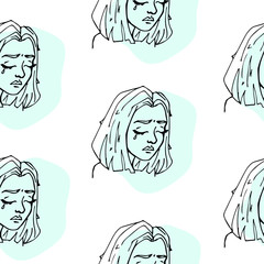 vector seamless pattern with a hand-drawn crying young beautiful girl. it can be used as Wallpaper, background, print, textile design, notebooks, phone cases, packaging paper, and more.