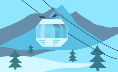 Winter snow mountain ski resort  background. Cableway car. Aerial lift, Alps, fir trees and mountains. Flat style vector illustration.