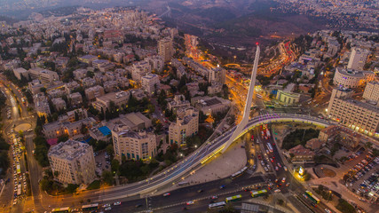 Jerusalem city center at night, Israel, aerial drone view