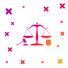Color Scales of justice, gavel and book icon isolated on white background. Symbol of law and justice. Concept law. Legal law and auction symbol. Gradient random dynamic shapes. Vector Illustration