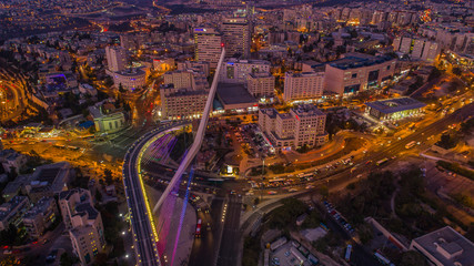 Fototapeta na wymiar Jerusalem city center at night, Israel, aerial drone view