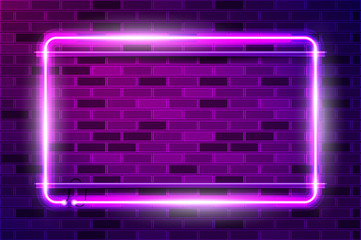 Horizontal rectangular frame glowing purple neon sign or LED strip light. Realistic vector illustration