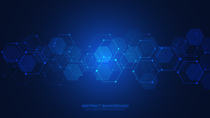 Obraz premium Abstract background with geometric shapes and hexagon pattern. Vector illustration for medicine, technology or science design.