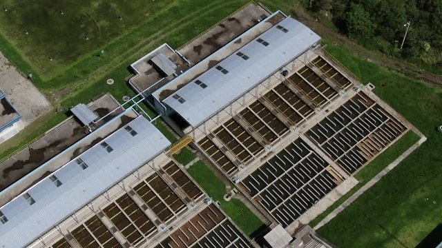 Aerial top view recirculation solid contact clarifier sedimentation tank, Water treatment plant Papallacta
