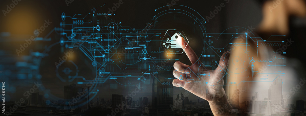 Poster businesswoman hand pushing smart home automation control system ui with innovation technology intern