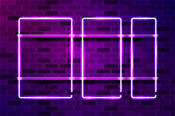 Obraz premium Three vertical frames of different widths glowing purple neon sign or LED strip light. Realistic vector illustration