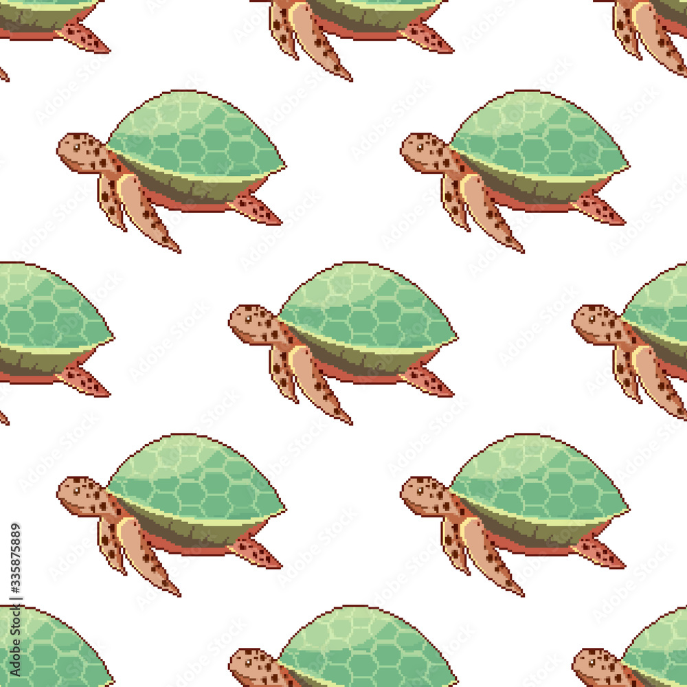 Poster seamless pattern with sea pixel turtles. pixel art 8 bit.