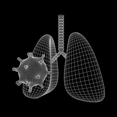 Corona Virus and Lungs with trachea bronchi internal organ human. Covid virus pulmonology medicine science concept. Wireframe low poly mesh vector illustration.