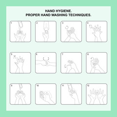 Infographic hand washing hygiene in vector. Hand hygiene. Proper hand washing techniques.
Instructions, stand for personal hygiene hand washing step by step, for the prevention of diseases and a healt