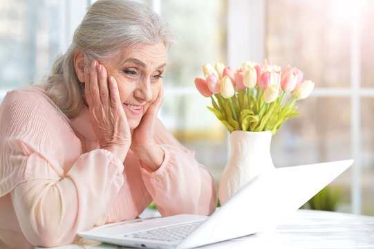 Portrait of happy senior woman using laptop