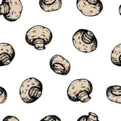 vector seamless pattern with hand-drawn cartoon champignons on white background. it can be used as Wallpaper, background, print, textile design, notebooks, phone cases, packaging paper, and more.