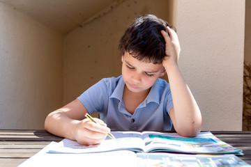 School boy studying book and doing homework sitting at table