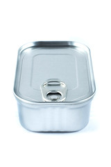 silver metal tin can on white background isolated close-up end view