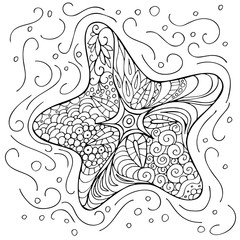 Hand drawn starfish sea animal coloring book for adults. Vector illustration. Anti-stress coloring for adult. Zentangle style. Perfect for invitation, greeting card, postcard, poster, print, banner.