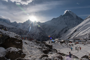 Beautiful natural landscape landmark of Machapuchare mountain peak  Annapura sanctuary trekking route - photo taken from Annapura basecamp (ABC) in April