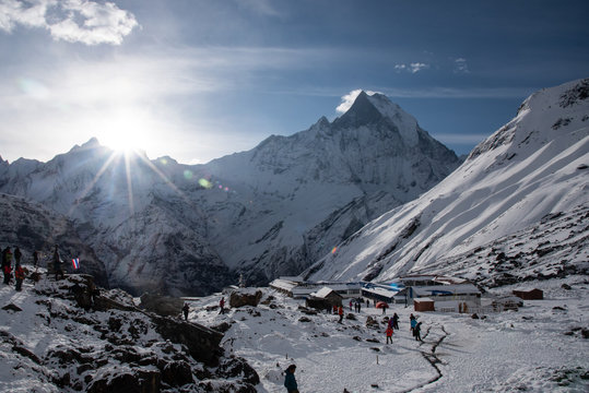 Beautiful natural landscape landmark of Machapuchare mountain peak  Annapura sanctuary trekking route - photo taken from Annapura basecamp (ABC) in April