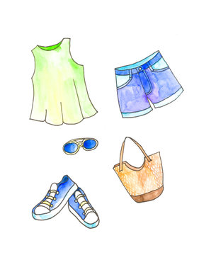 Watercolor set of summer women's clothing. Fashionable yellow t-shirt, brown bag, blue shorts, sunglasses, sneakers. Isolated objects on a white background.
