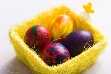 Holidays, traditions and Easter concept - Multi-colored decorative colourful eggs.
