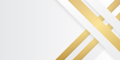 Abstract white gradient line 3D layered polygon pattern with golden line background for presentation design.