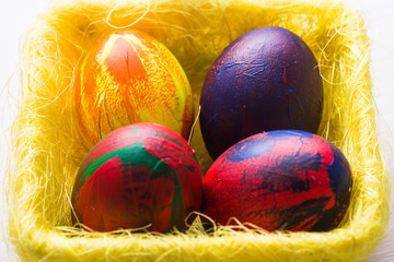Holidays, traditions and Easter concept - Multi-colored decorative colourful eggs.
