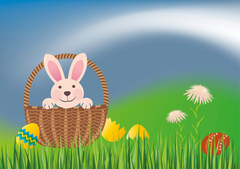 Pink Bunny in the basket on the grass with Easter decorated eggs and flowers