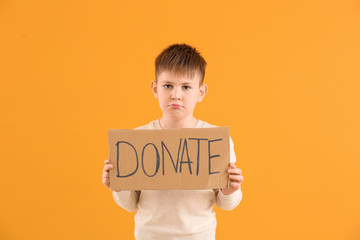 Little boy holding cardboard with text DONATE on color background