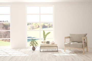 White living room with armchair. Scandinavian interior design. 3D illustration