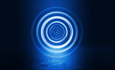 Dark blue abstract futuristic background. Laser neon rays. Neon light, reflection on the asphalt,...