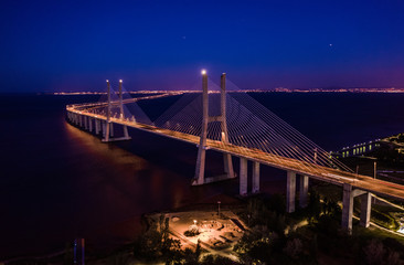 Vasco de Gamma bridge in Lisbon in Portugal, aerial drone view