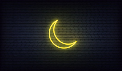 Crescent moon neon. Ramadan glowing yellow gold moon Islamic sign