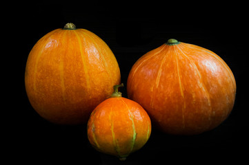 three pumpkin on black background