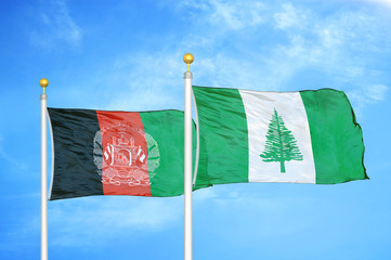 Afghanistan and Norfolk Island  two flags on flagpoles and blue cloudy sky