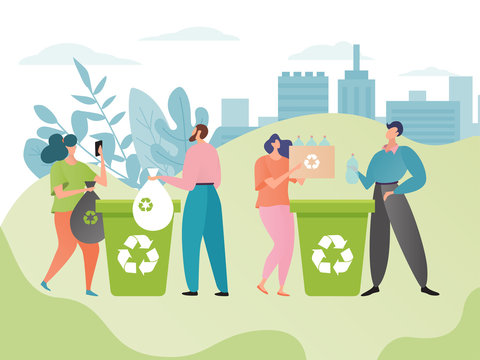 Recycle bin concept vector illustration. Cartoon flat woman man characters throwing trash waste and recycling plastic bottles, paper or other rubbish garbage together. People clean, protect ecology