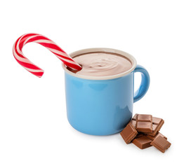 Cup of hot chocolate on white background