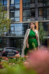 smiling girl walking in the street city 