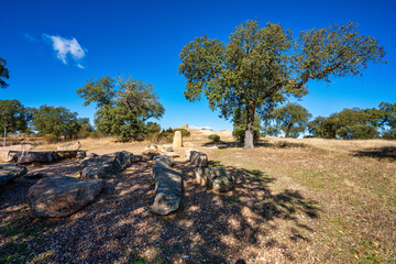 Dolmen of Lacara, funeral chamber near La Nava de Santiago, Extremadura. Spain