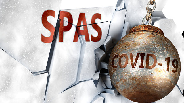 Covid And Spas,  Symbolized By The Coronavirus Virus Destroying Word Spas To Picture That The Virus Affects Spas And Leads To Recession And Crisis, 3d Illustration