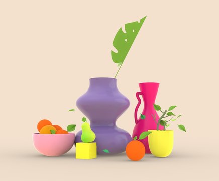 3d render still life Vses with laves and fruits and pears