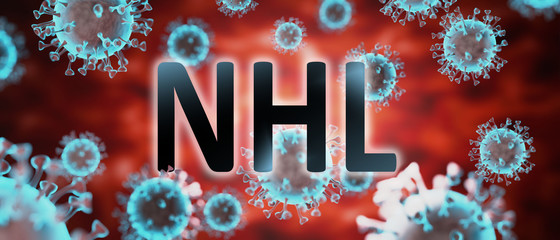 covid and nhl, pictured by word nhl and viruses to symbolize that nhl is related to corona pandemic and that epidemic affects nhl a lot, 3d illustration