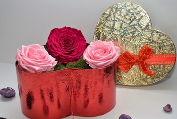 pink roses in a box