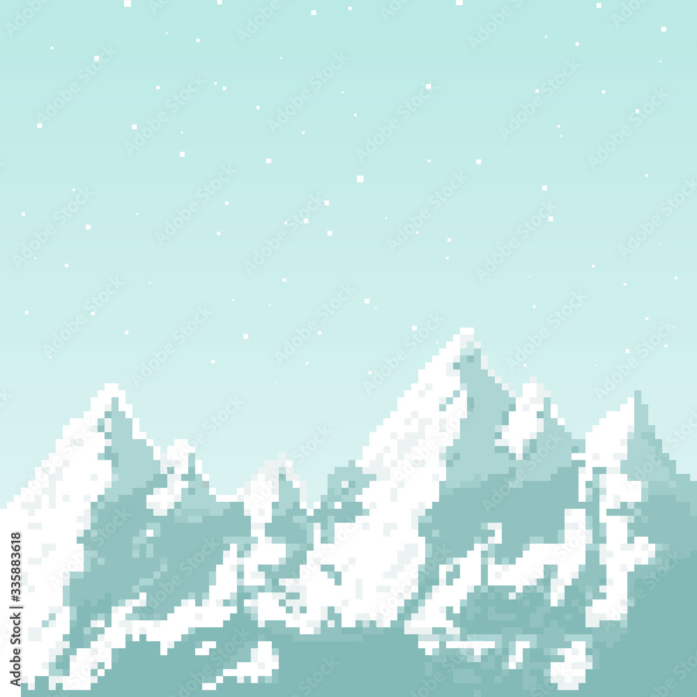 Poster vector pixel mountains for game background. pixel art 8 bit.