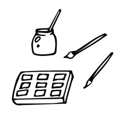 vector set of hand-drawn doodle jar with brushes and paint. isolated on a white background.