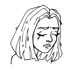 vector drawing of a young beautiful woman with short hair isolated on a white background. the girl is crying and sad.