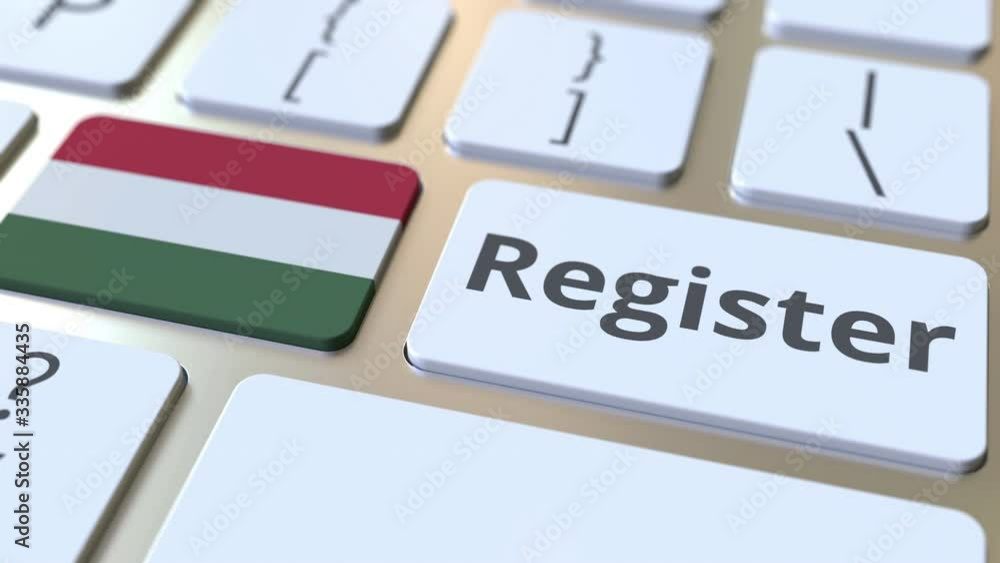 Poster register text and flag of hungary on the keyboard. online services related 3d animation
