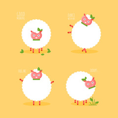 Cute flat sheep character smiling for sticker card. Cartoon vector funny animal. Baby ewe icon on yellow background. Illustration concept poster