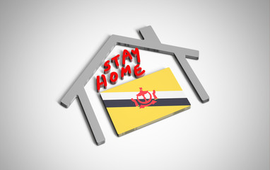 Stay at home slogan with house and country flag inside. Protection campaign or measure from coronavirus, COVID--19. Corona virus (covid 19) campaign to stay at home. Brunei