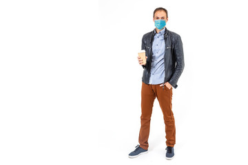 Naklejka premium Protection against contagious disease, coronavirus. Man wearing hygienic mask to prevent infection, airborne respiratory illness such as flu, 2019-nCoV. indoor studio shot isolated on white background