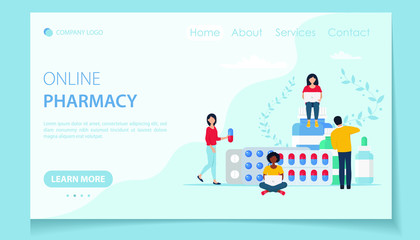 Online pharmacy site design concept. Flat vector illustration with small characters for web site design, banner, landing page. Buy medicaments and drugs online. E-commerse site design