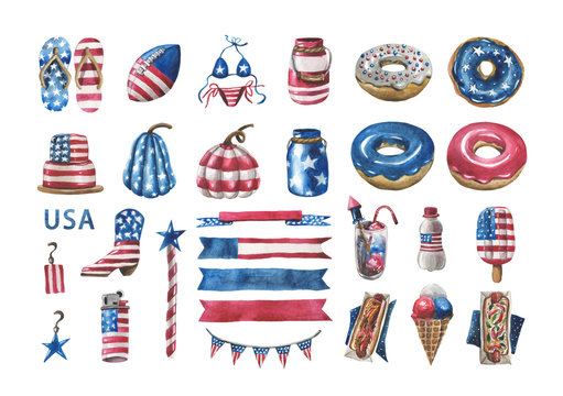 Large watercolor patriotic set in the colors of the USA flag. To create a festive atmosphere or support the nation in difficult times. Create your own unique design. Glorify the nation and rejoice.