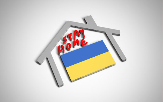 Stay at home slogan with house and country flag inside. Protection campaign or measure from coronavirus, COVID--19. Corona virus (covid 19) campaign to stay at home. Ukraine